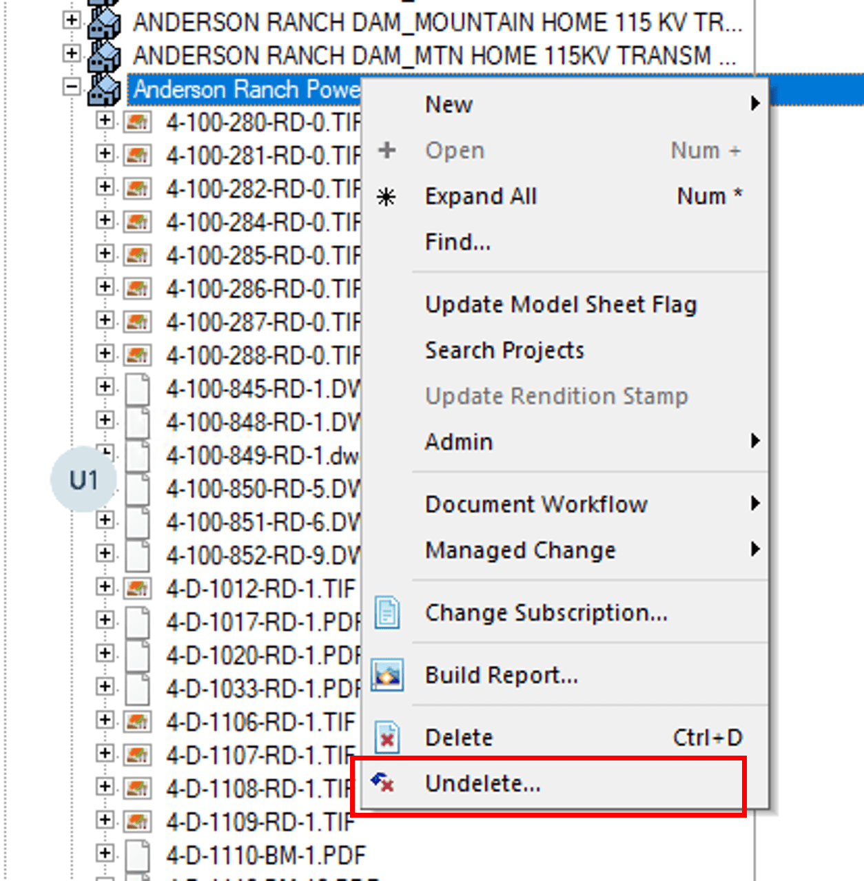 Screenshot showing how to undelete a document in PowerUser