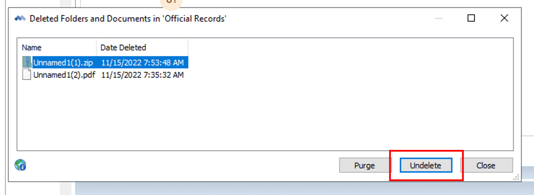 Screenshot showing how to undelete a document in PowerUser